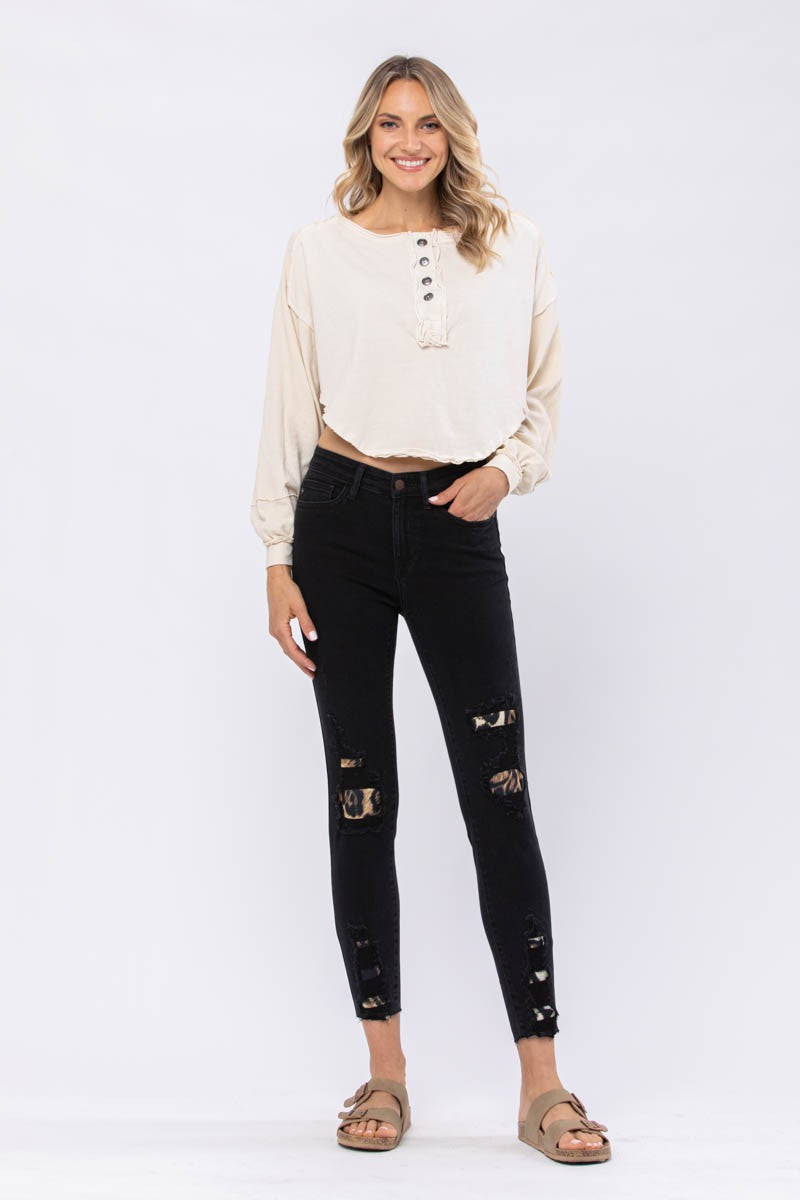 Judy Blue Black Midrise Leopard Patch Skinny Jeans