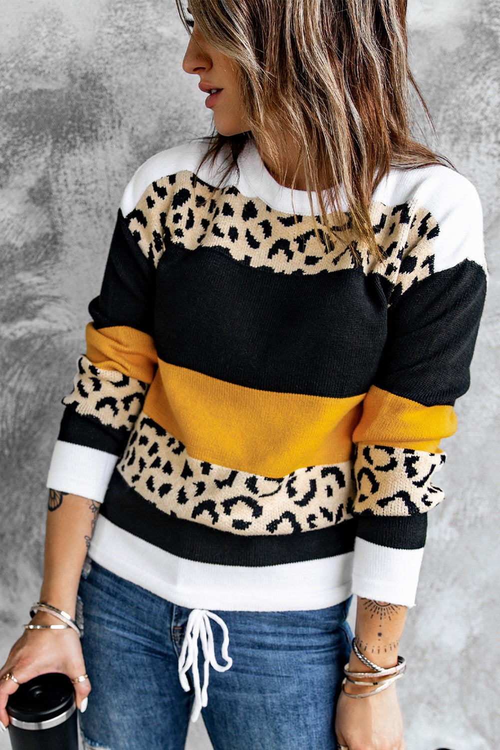 Crewneck Leopard ColorBlock Knit Pullover Sweater