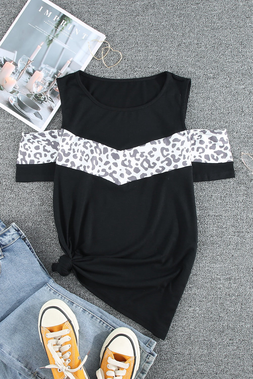 Leopard Patchwork Cold Shoulder Short Sleeve Top