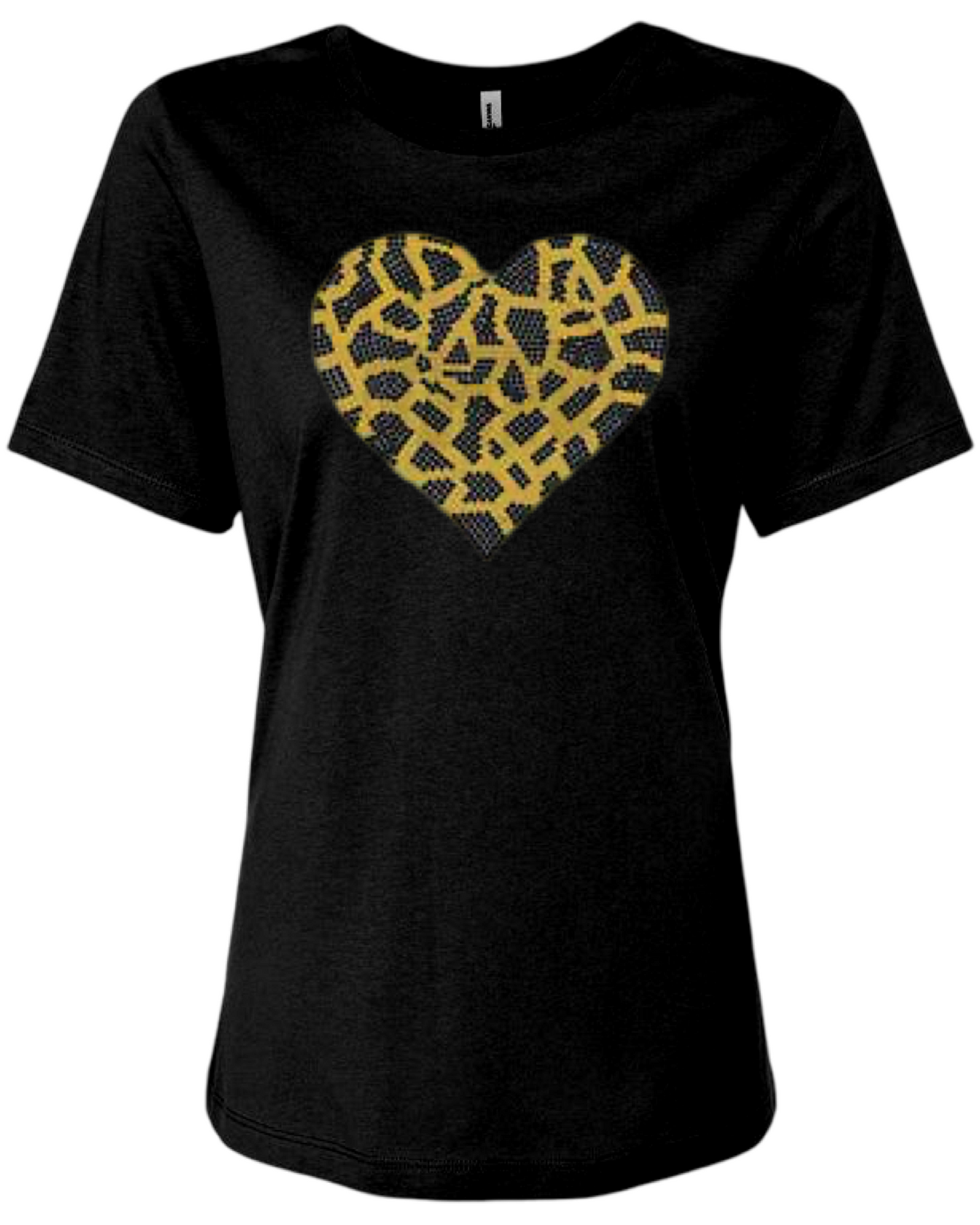 Giraffe Print Heart Rhinestone Womens Relaxed Short Sleeve T-Shirt