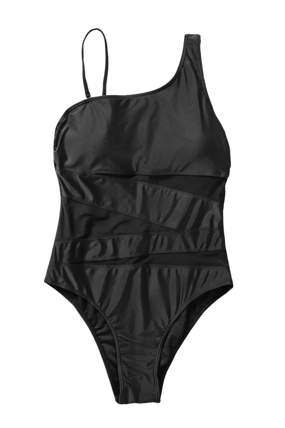 Black One Shoulder Mesh Cutout One-Piece Swimsuit