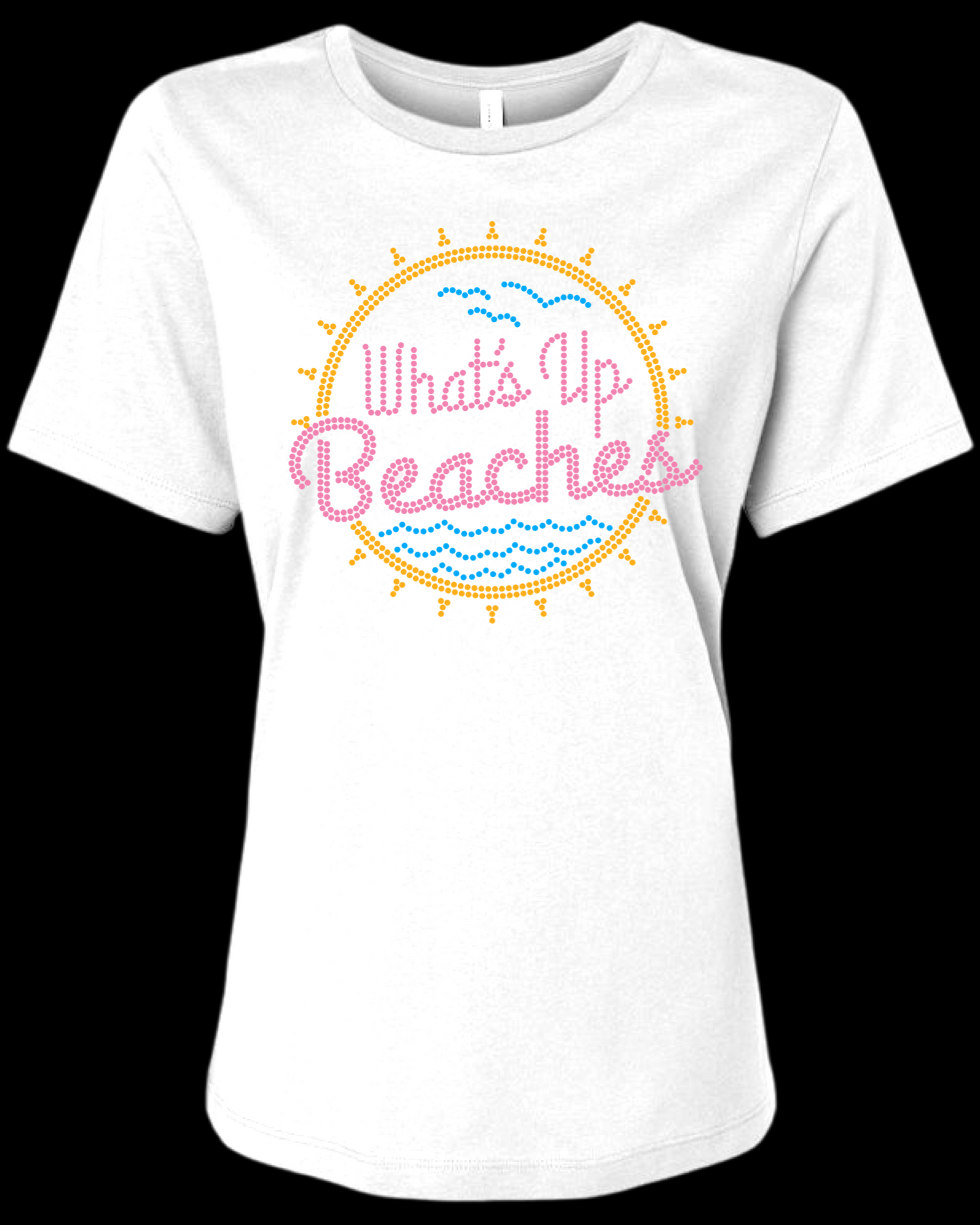 What’s Up Beaches Rhinestone Womens Relaxed Short Sleeve T-Shirt