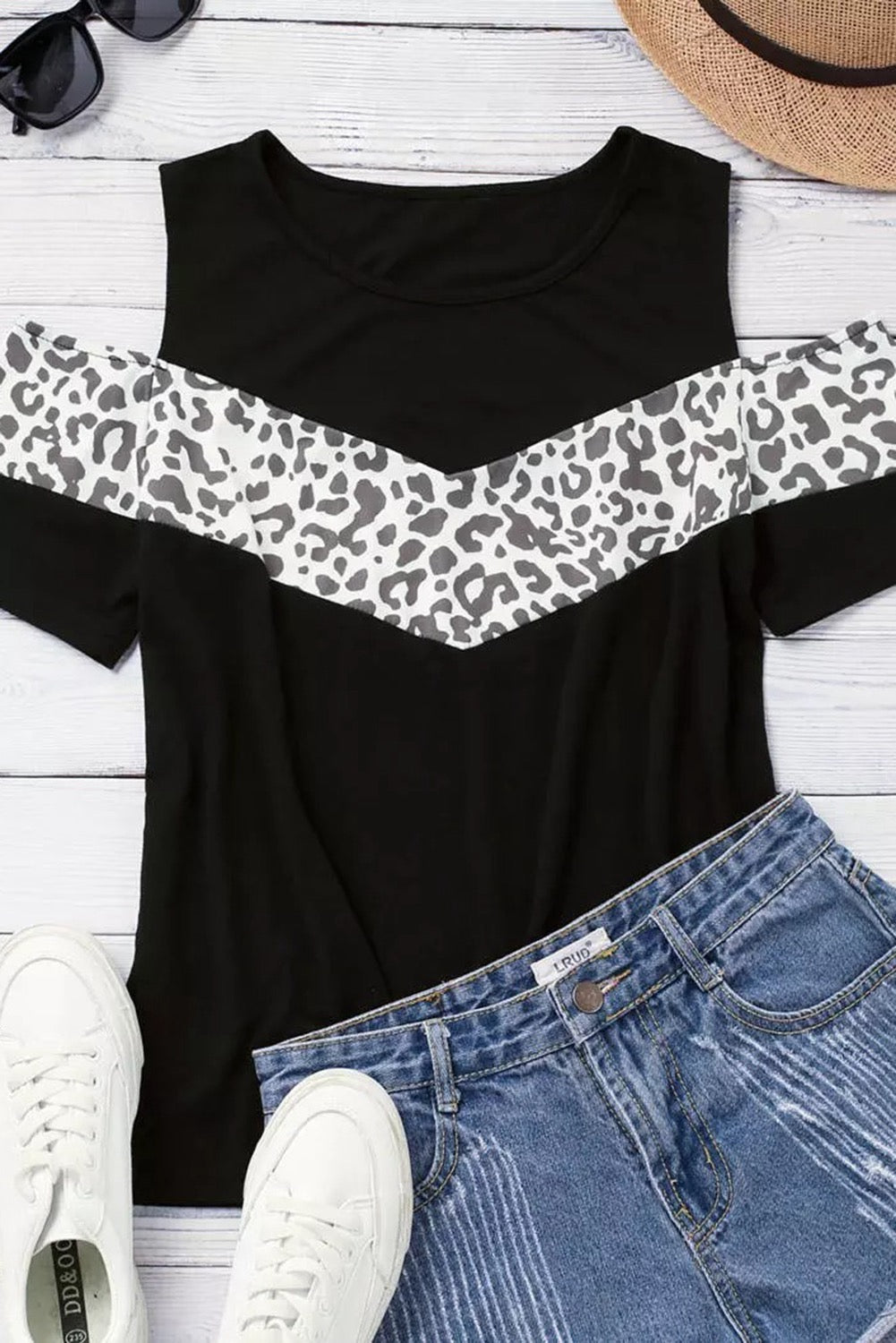 Leopard Patchwork Cold Shoulder Short Sleeve Top