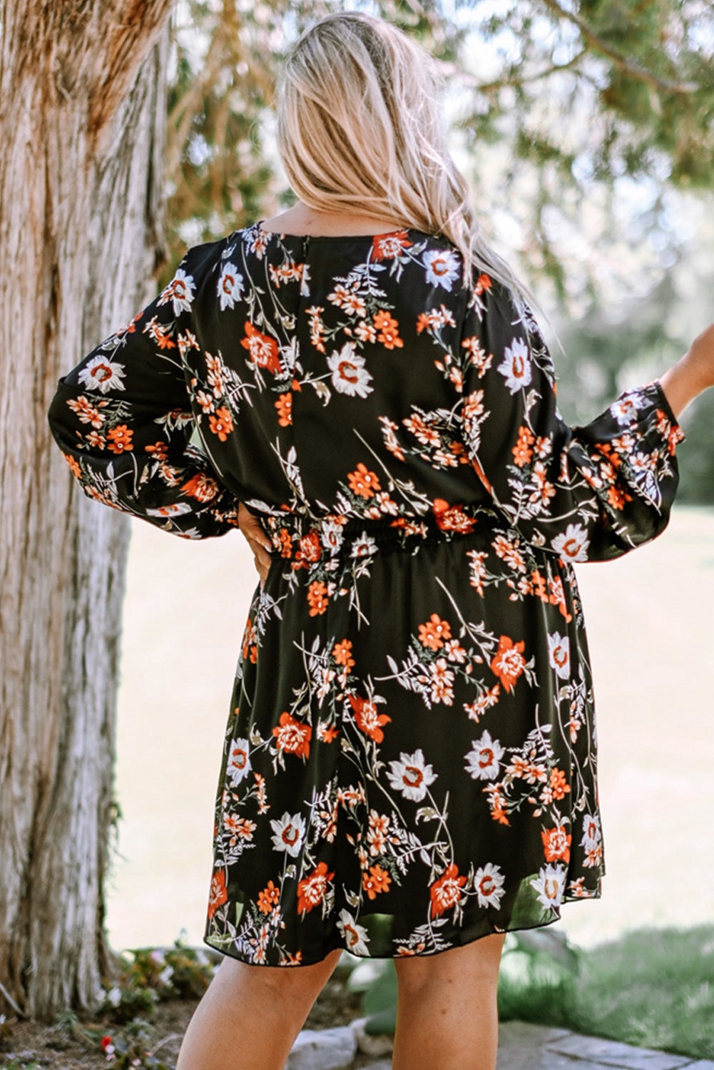 Plus Size Floral Drawstring Long Sleeve Dress