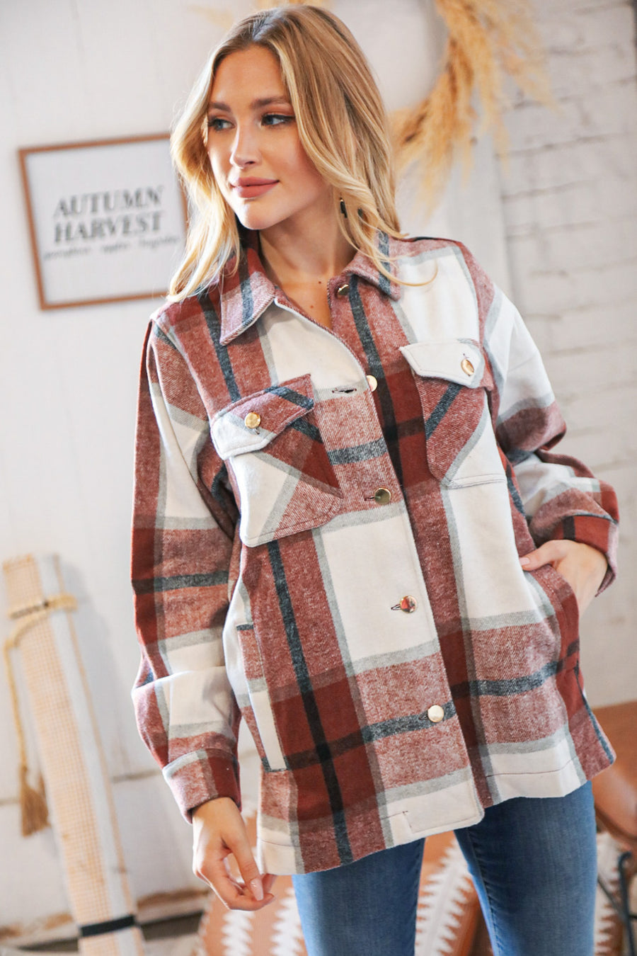 Zenana Oversized Yarn Dyed Plaid Shacket With Pockets