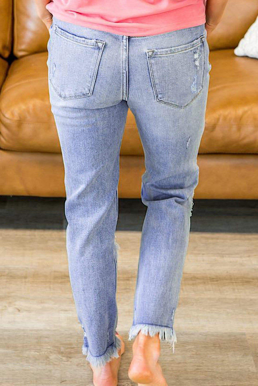 Sky Blue Distressed Raw Hem Straight Leg Jeans