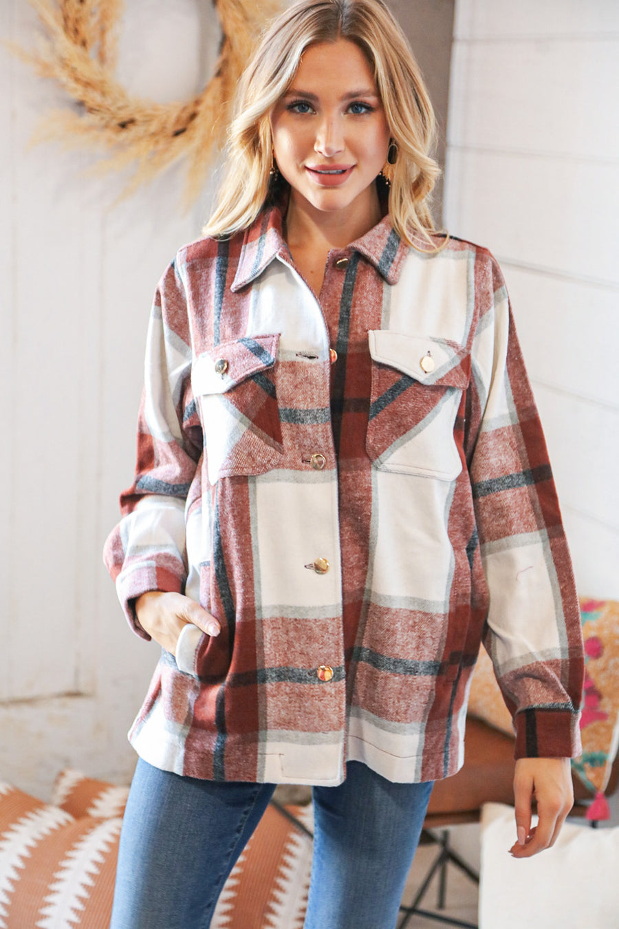 Zenana Oversized Yarn Dyed Plaid Shacket With Pockets