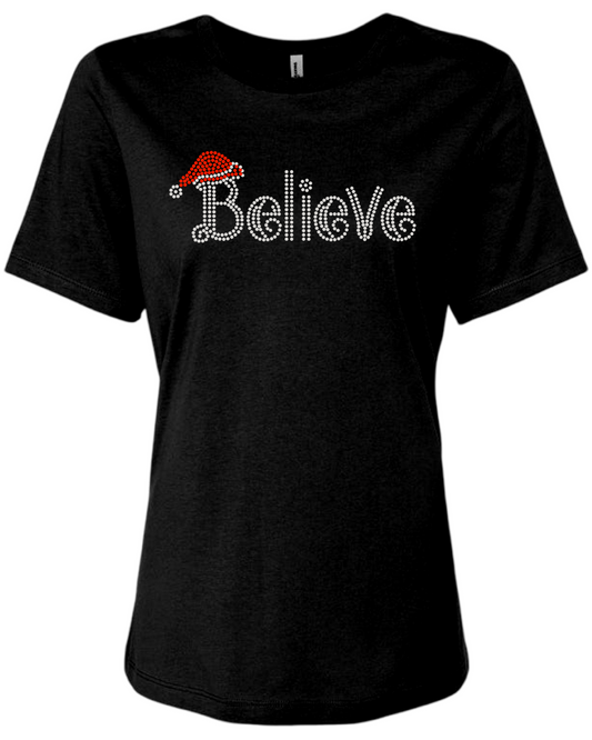 Believe Rhinestone Womens Relaxed Short Sleeve T-Shirt