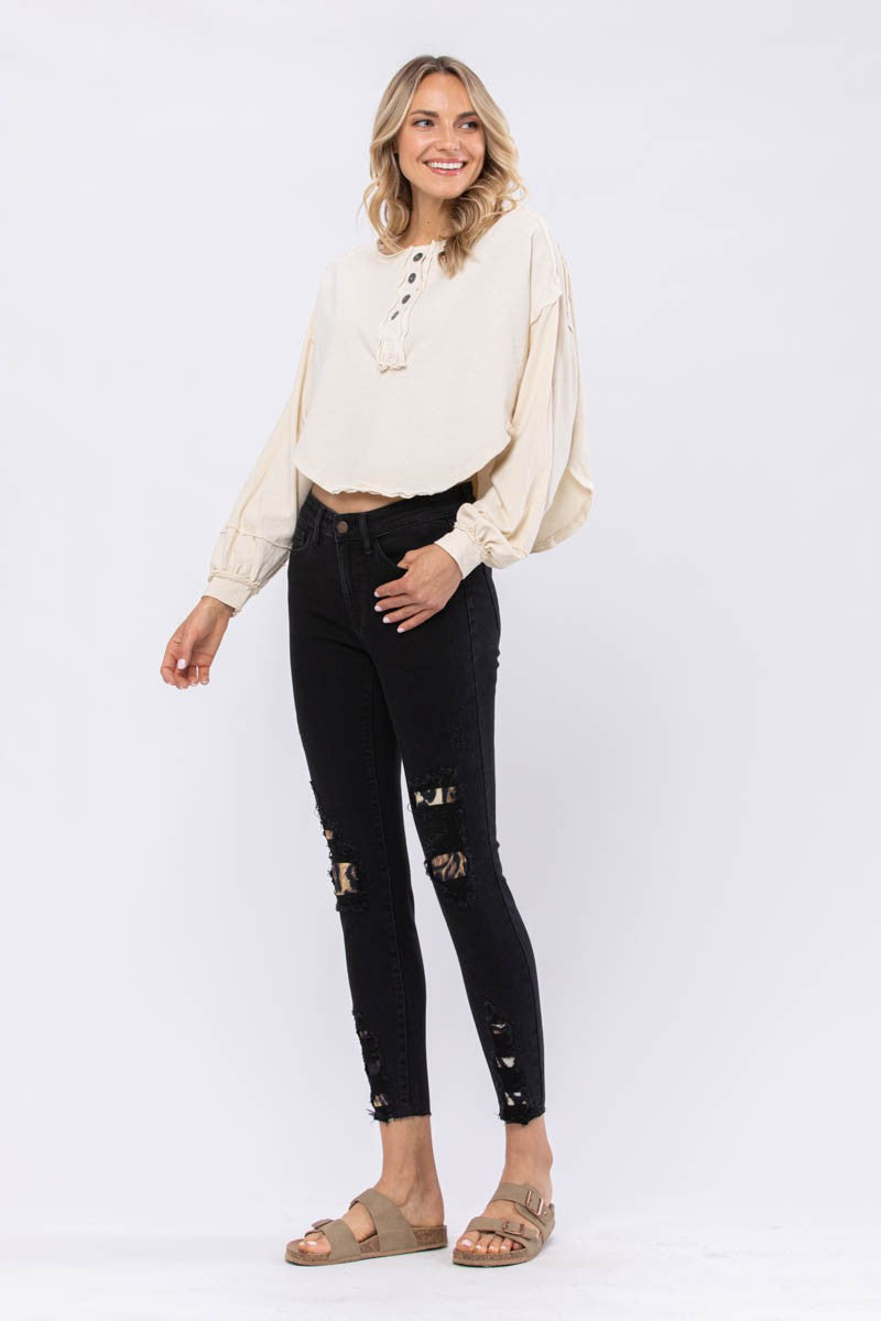 Judy Blue Black Midrise Leopard Patch Skinny Jeans