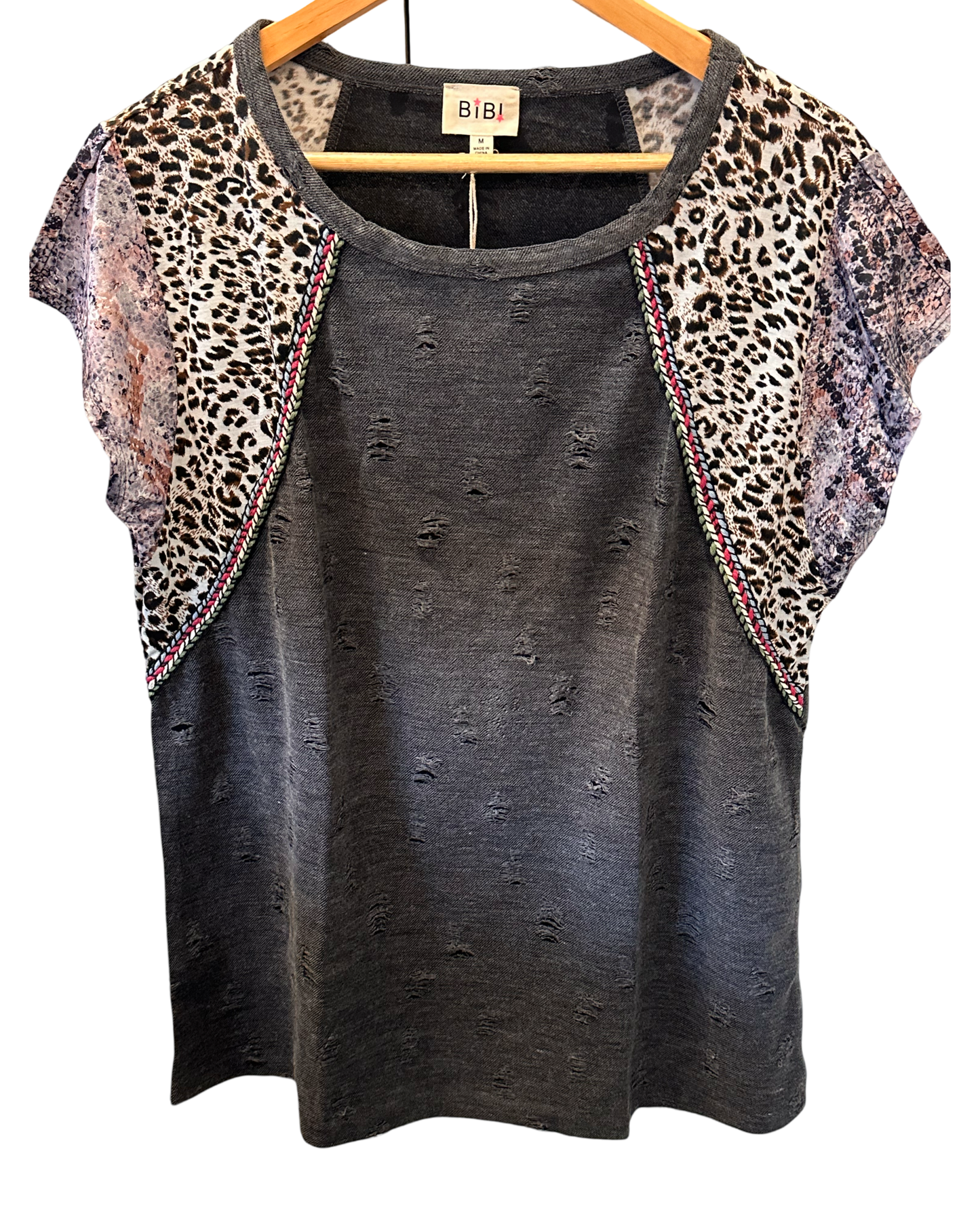 Bibi Distressed Short Sleeve Top with Animal Print Sleeves