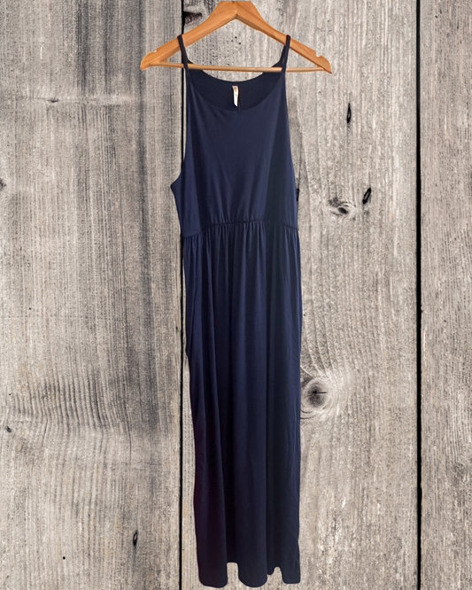 Magic Fit Navy Blue Sleeveless Empire Waist Maxi Dress With Pockets