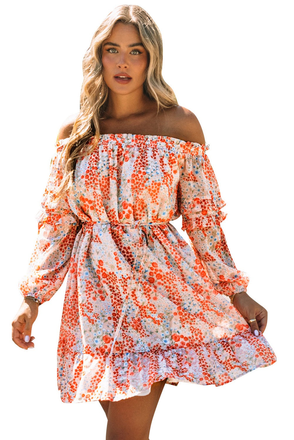 Floral Off The Shoulder Print Ruffled Dress With Tie Waist