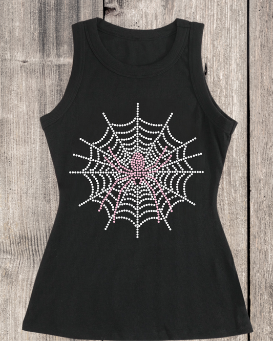 Spider Web Rhinestone Ribbed Tank Top