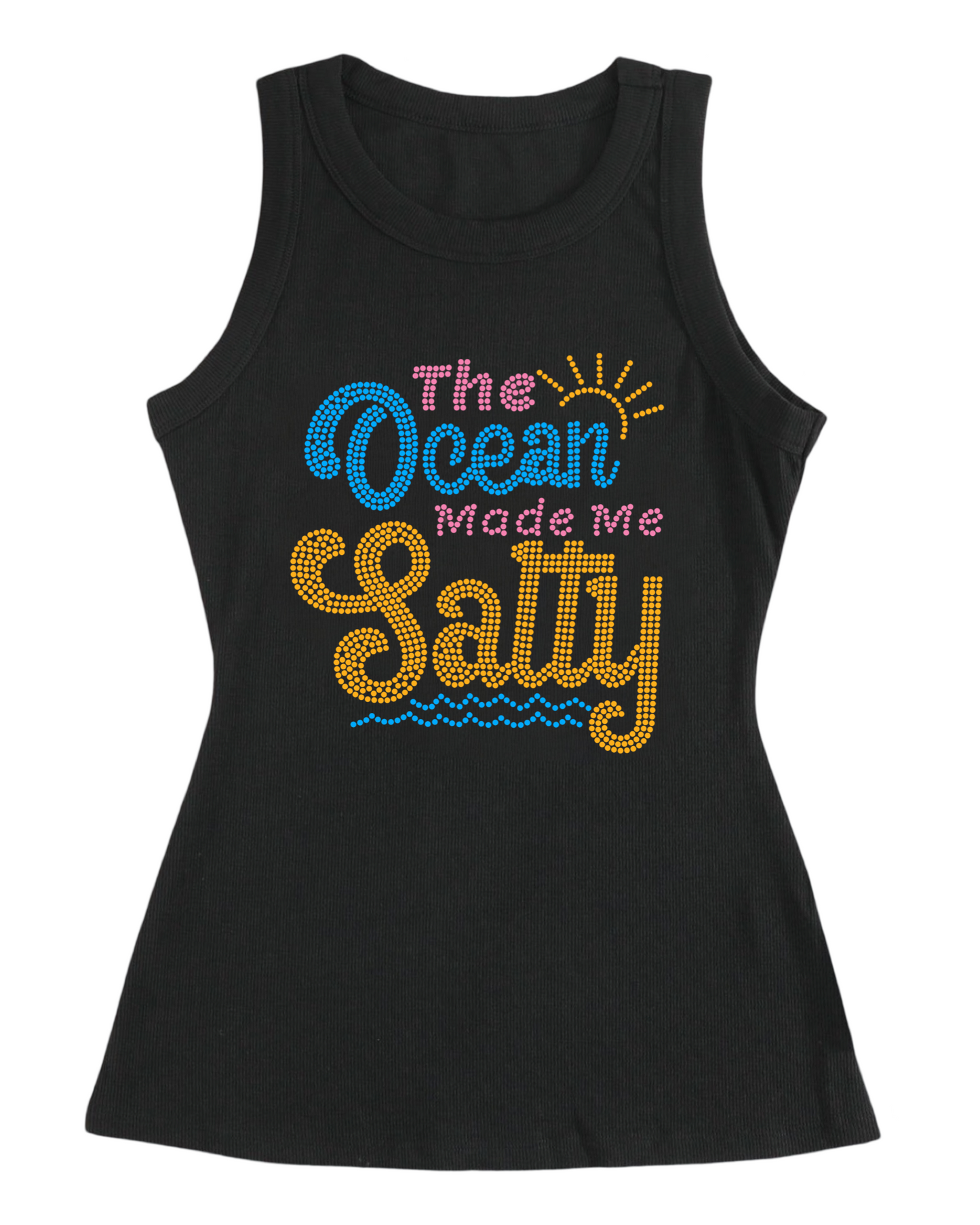 The Ocean Made Me Salty Rhinestone Sleeveless Ribbed Black Tank Top