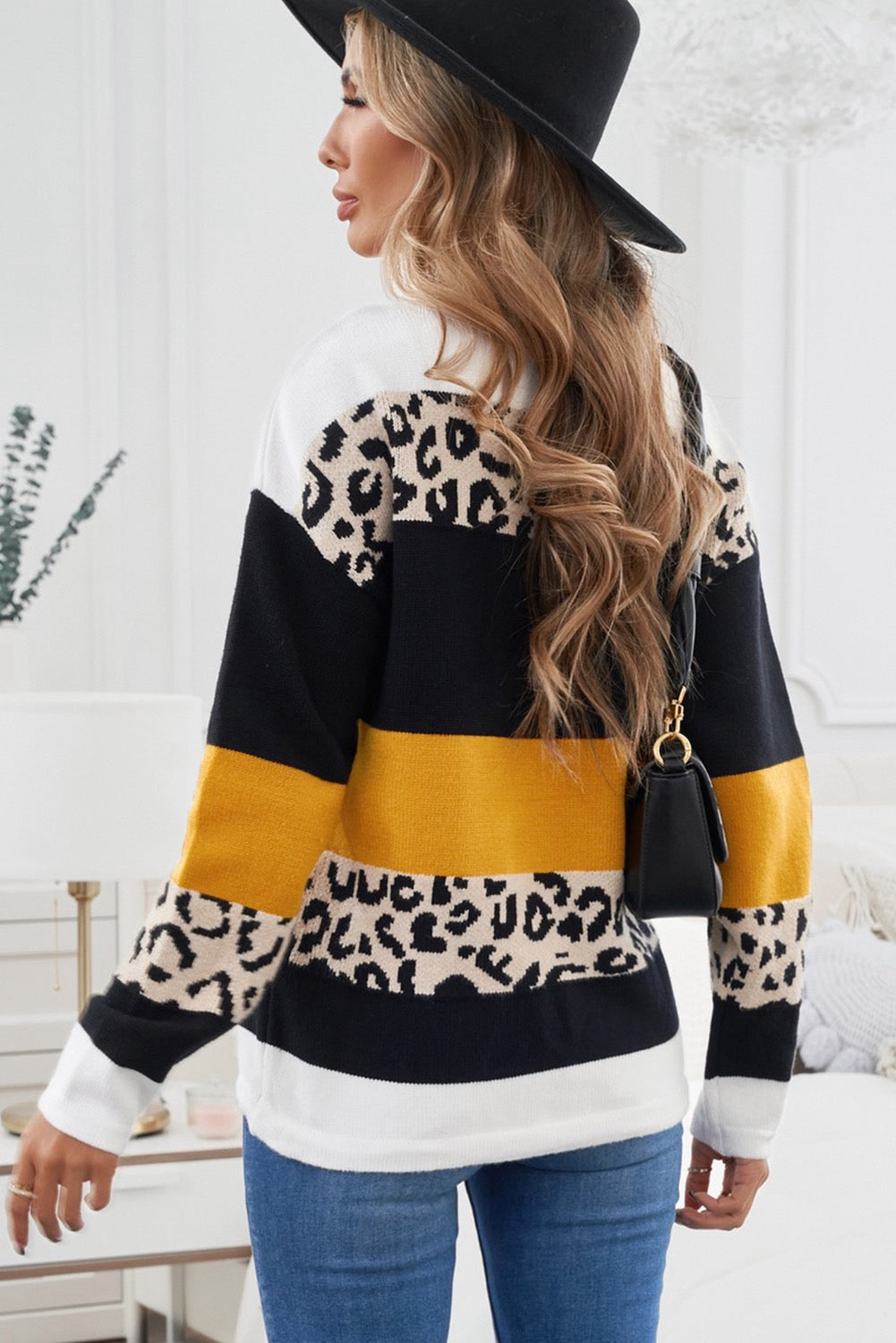 Crewneck Leopard ColorBlock Knit Pullover Sweater