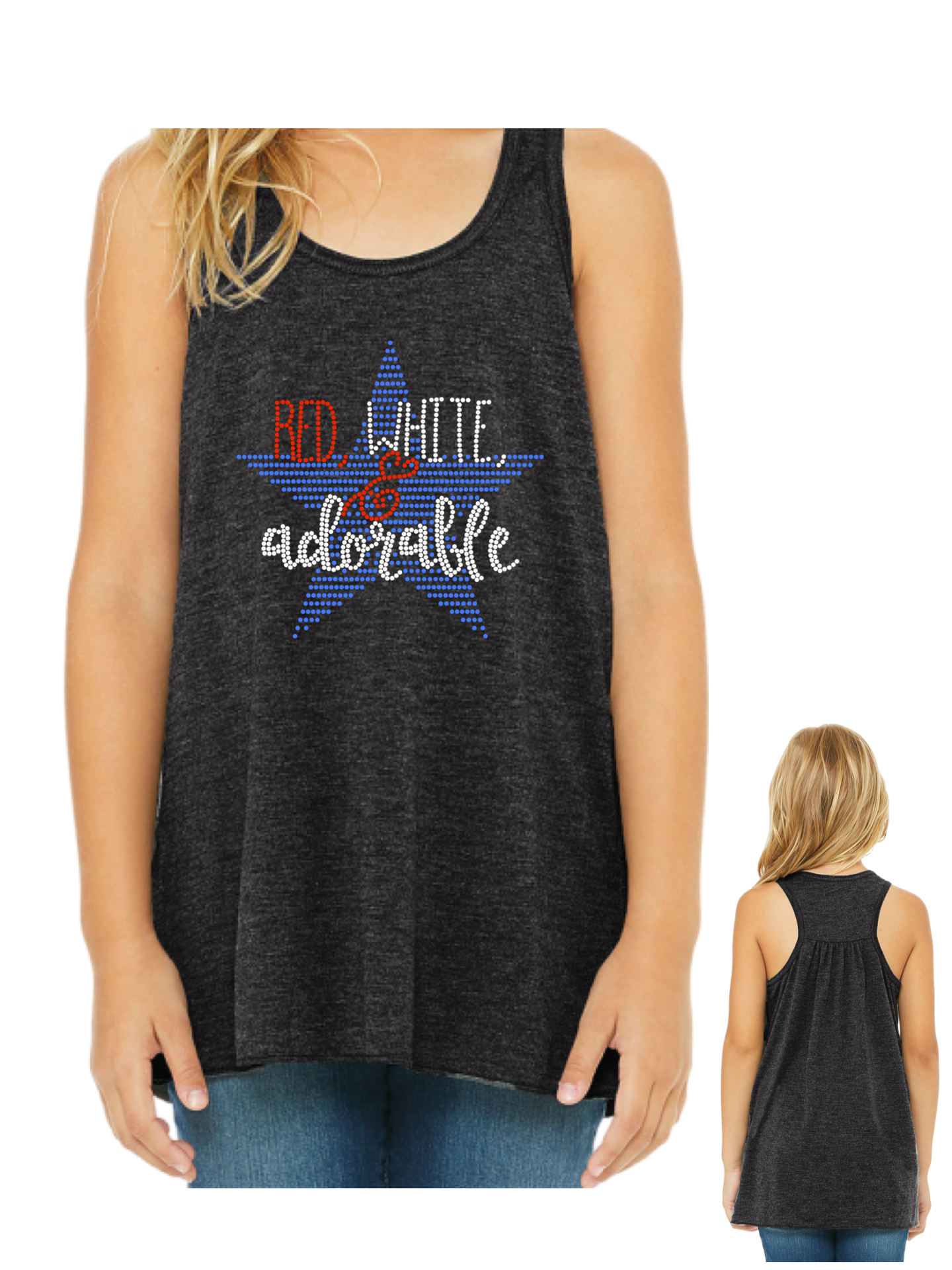 Red, White & Adorable Rhinestone Youth Flowy Racerback Tank