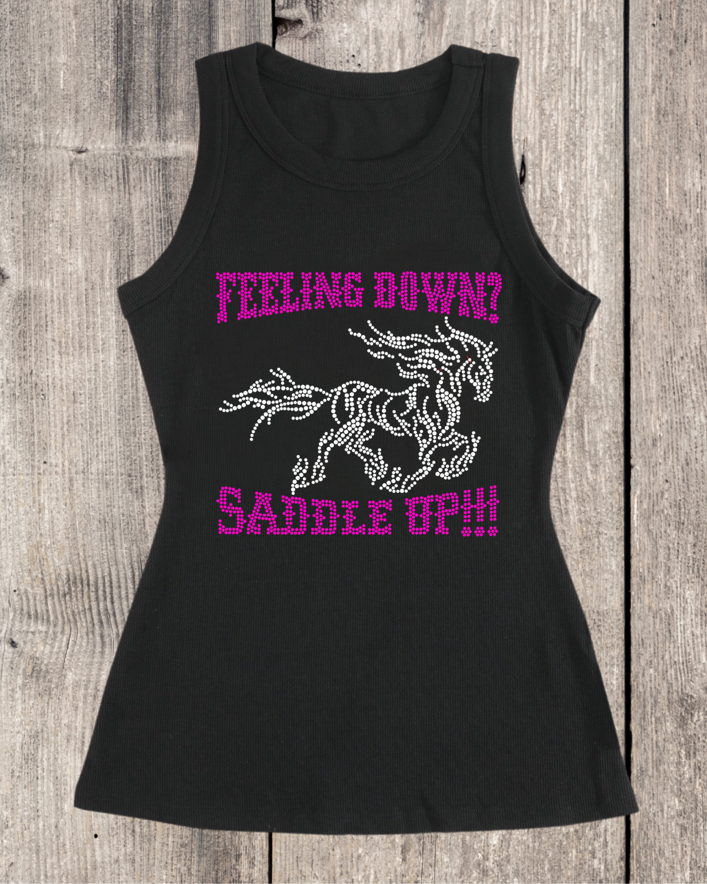 Feeling Down Saddle Up Rhinestone Ribbed Tank Top