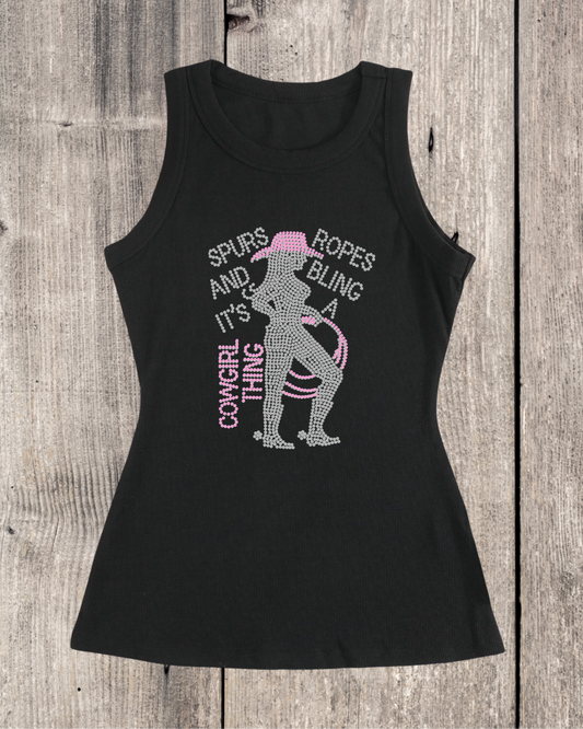 Spurs Ropes And Bling - It’s A Cowgirl Thing Rhinestone Ribbed Tank Top