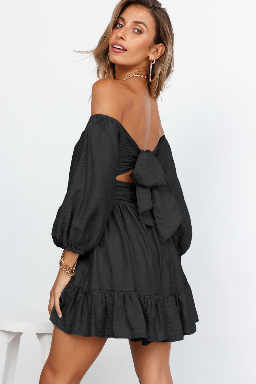 Bow Knot Square Neck Ruffle Dress