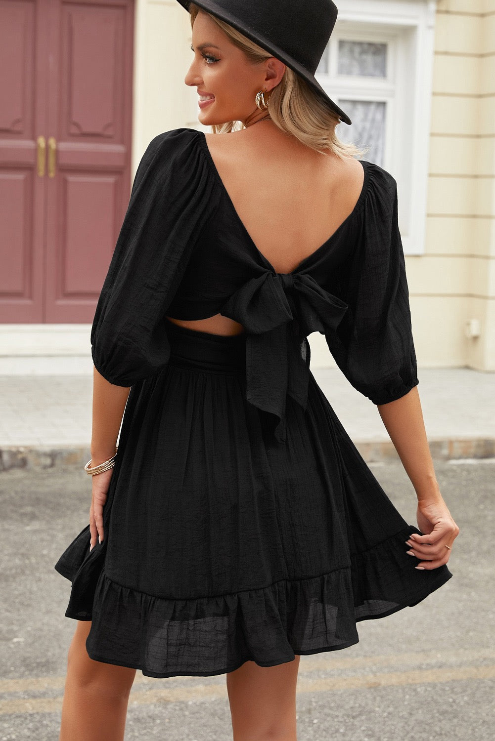 Bow Knot Square Neck Ruffle Dress