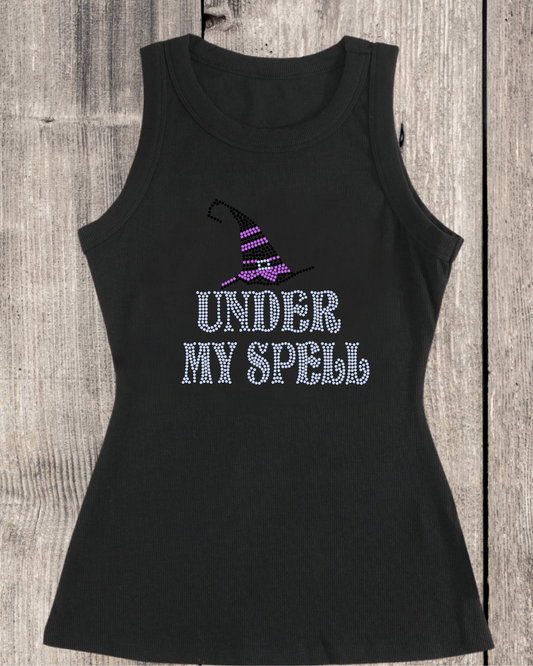 Under My Spell Rhinestone Sleeveless Ribbed Black Tank Top