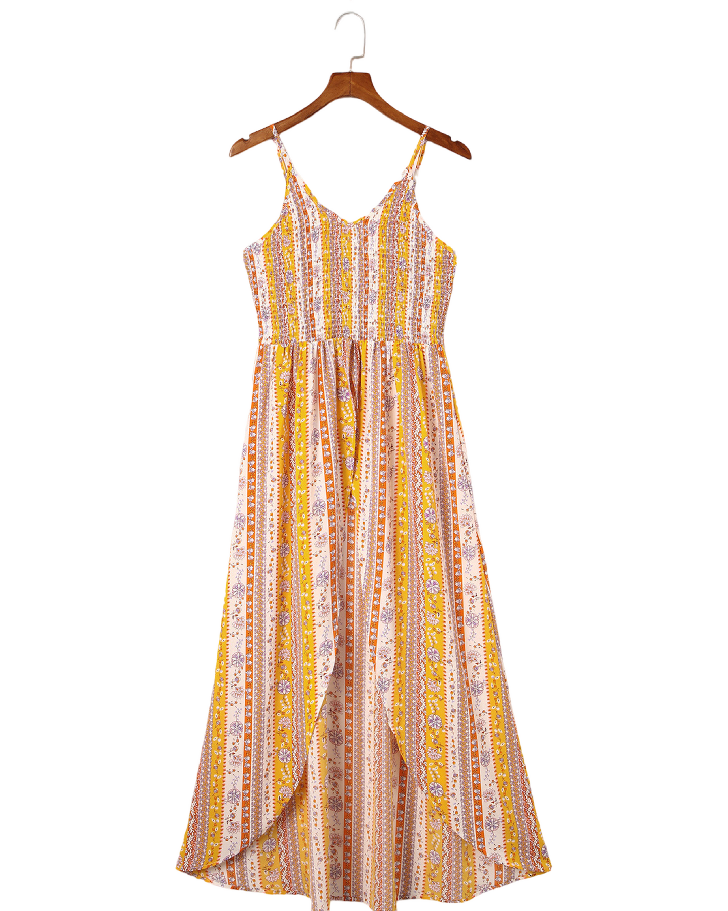 Smocked Printed V-Neck Cami - Yellow Boho Floral Print Smocked Front Slit Maxi Tank