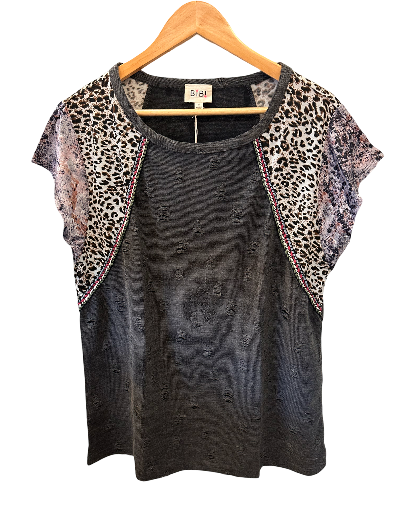 Bibi Distressed Short Sleeve Top with Animal Print Sleeves