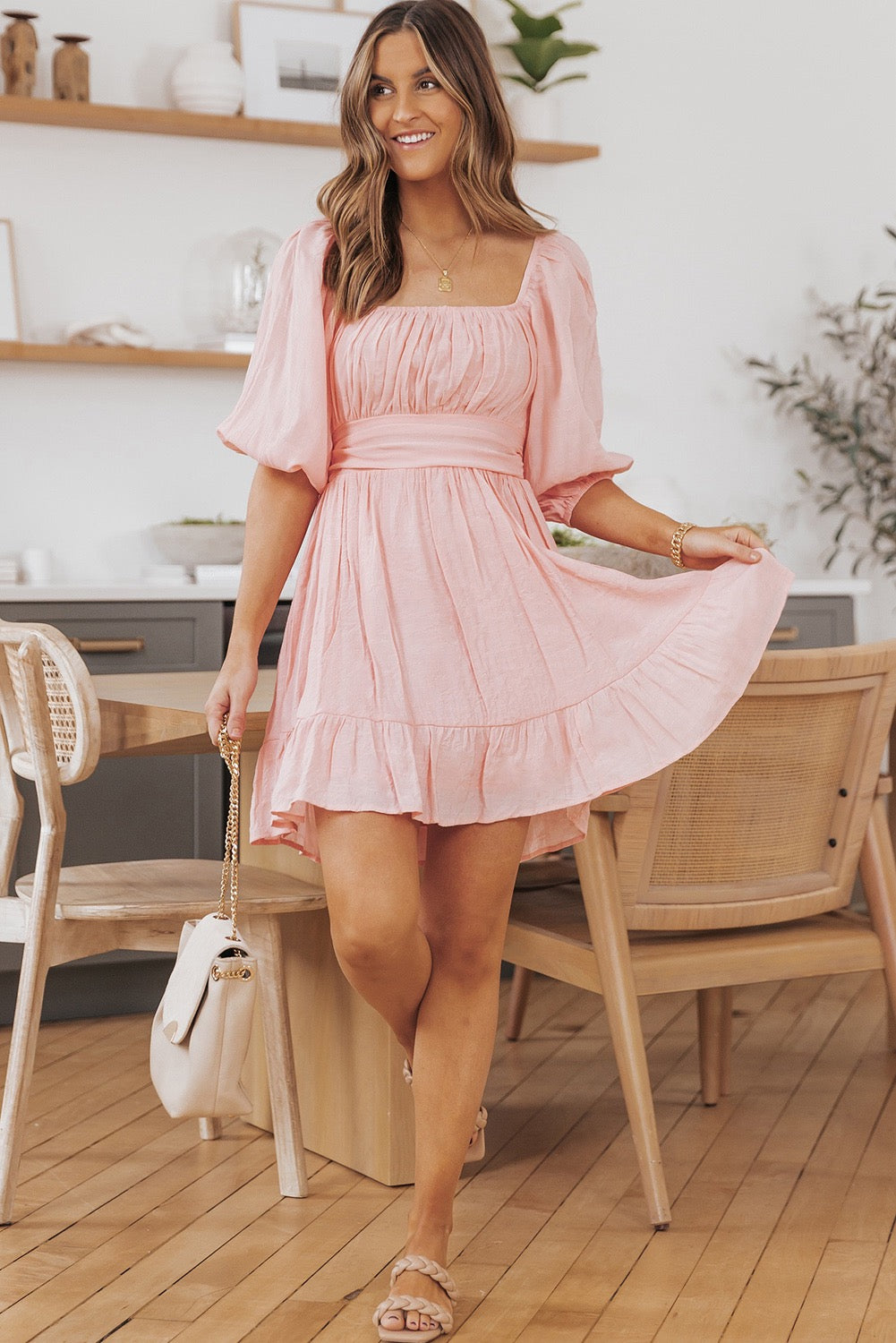 Bow Knot Square Neck Ruffle Dress