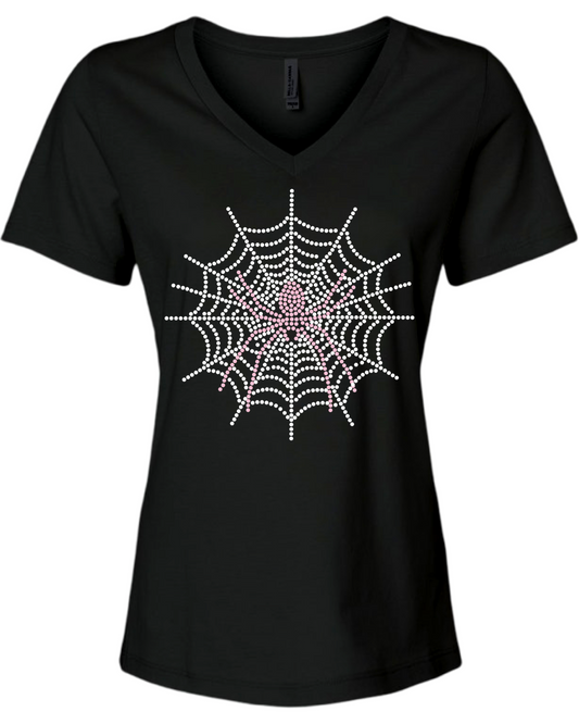 Spider Web Rhinestone Womens Relaxed Short Sleeve T-Shirt