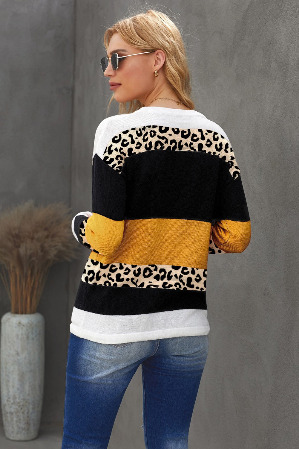 Crewneck Leopard ColorBlock Knit Pullover Sweater