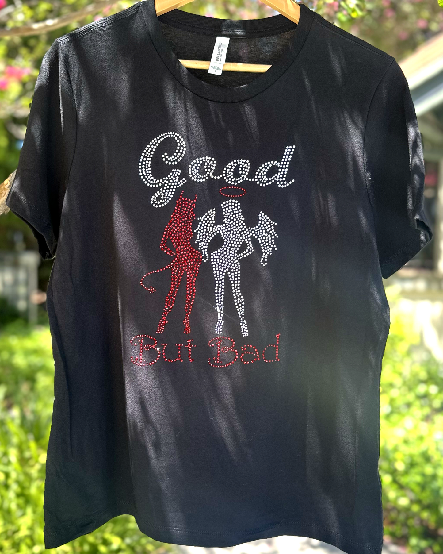 Good But Bad Rhinestone Womens Relaxed Short Sleeve T-Shirt