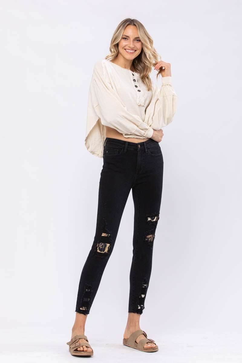 Judy Blue Black Midrise Leopard Patch Skinny Jeans