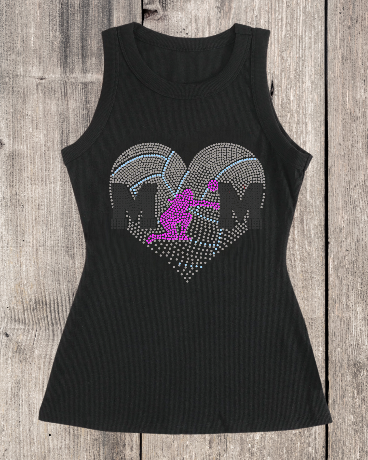 Sport Mom Faded Heart Design Volleyball Mom Rhinestone Ribbed Tank Top