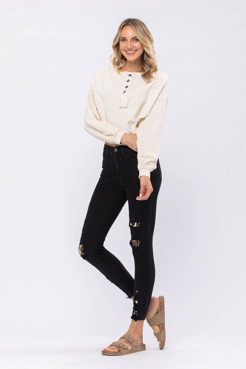 Judy Blue Black Midrise Leopard Patch Skinny Jeans