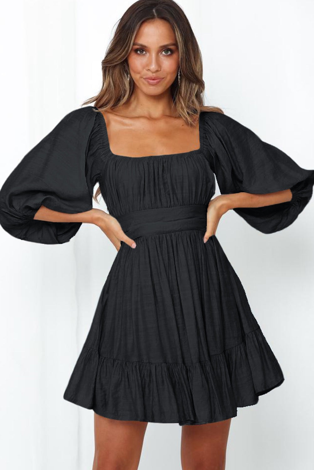 Bow Knot Square Neck Ruffle Dress