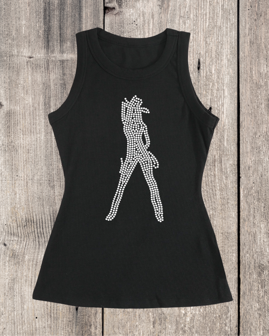 Cowgirl Silhouette Rhinestone Ribbed Tank Top