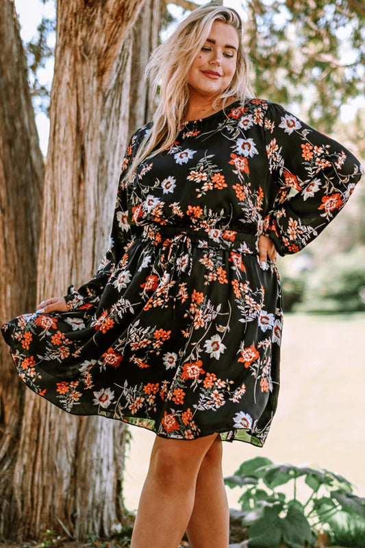 Plus Size Floral Drawstring Long Sleeve Dress