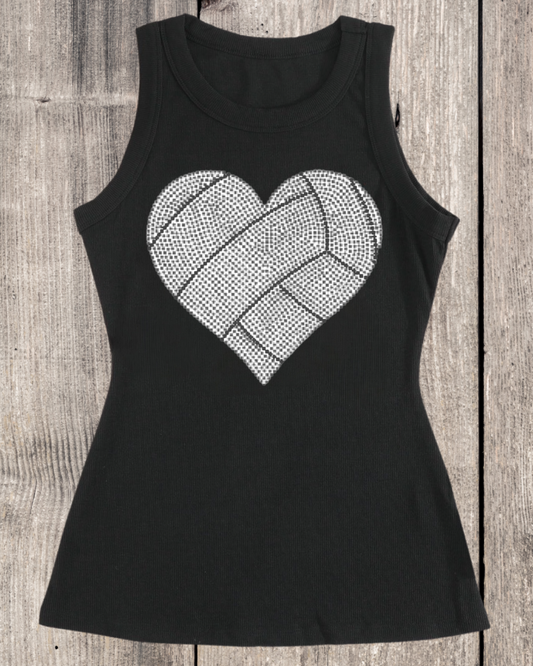 Volleyball Heart Rhinestone Design Sleeveless Ribbed Black Tank Top