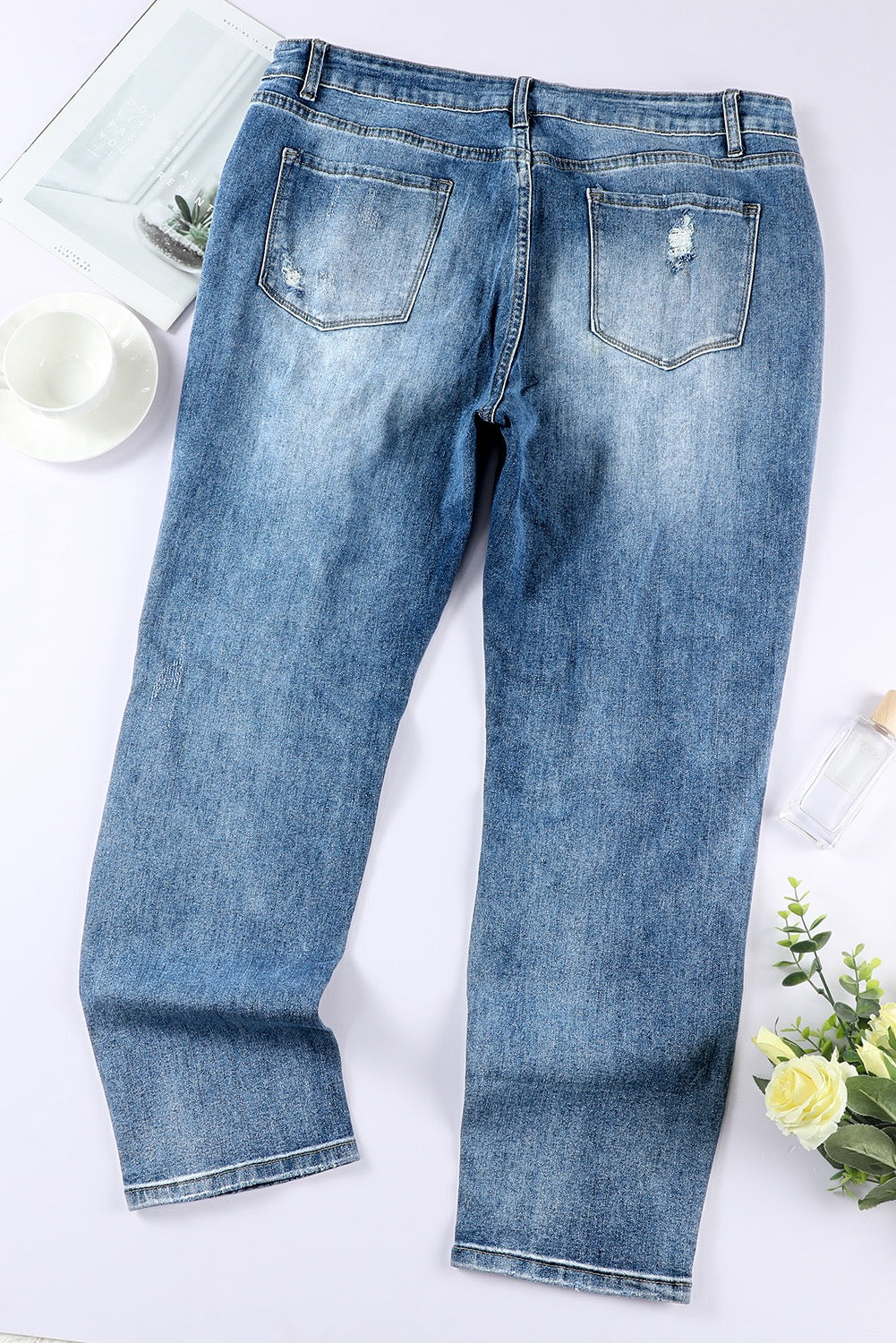 Plus Size Blue Distressed Slit Vintage Jeans