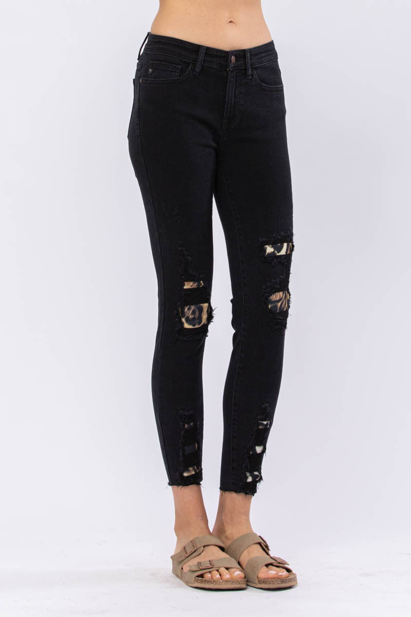 Judy Blue Black Midrise Leopard Patch Skinny Jeans