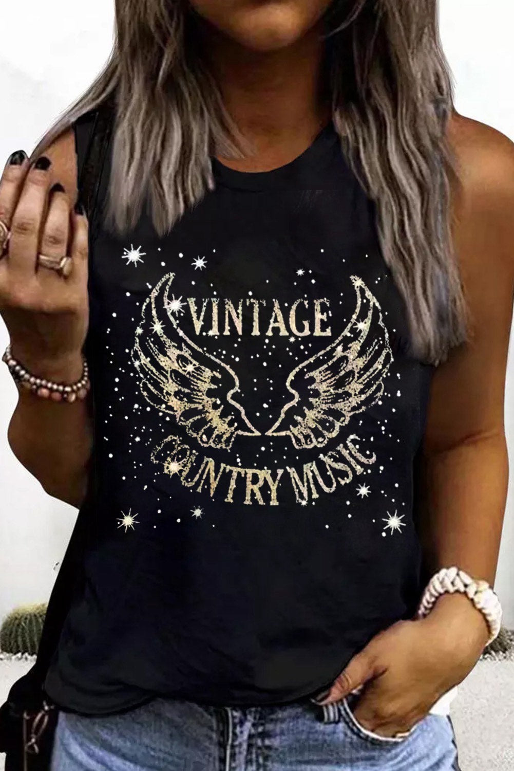 Vintage Country Music Wing Glitter Print Black Tank Top