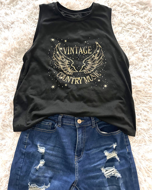 Vintage Country Music Wing Glitter Print Black Tank Top