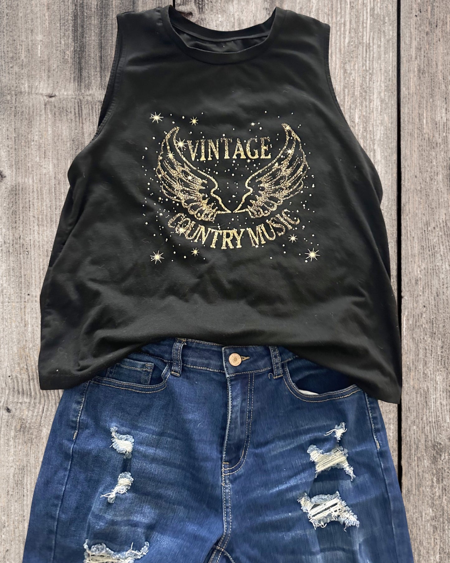 Vintage Country Music Wing Glitter Print Black Tank Top