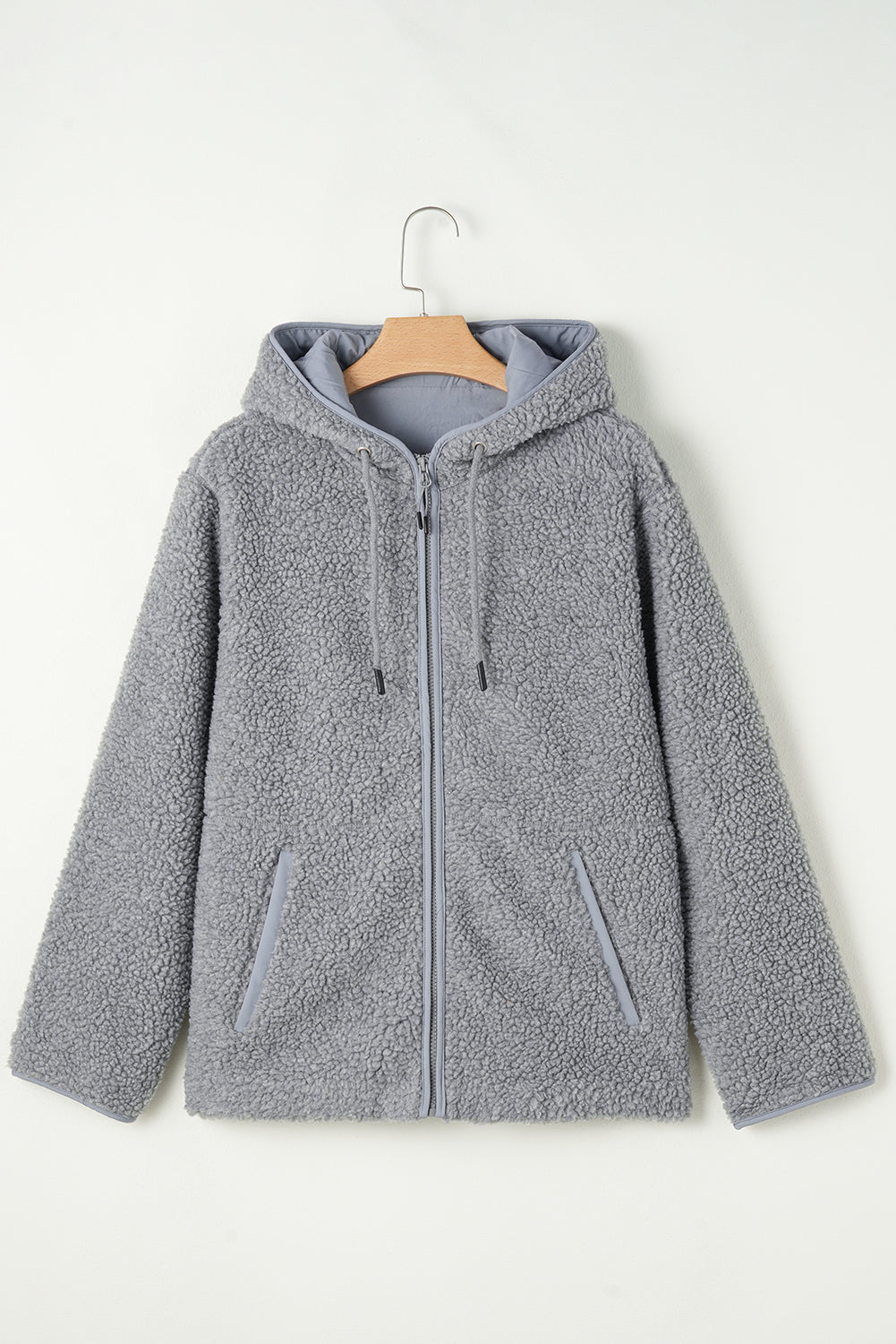 Beige Fleece Zip Up Drawstring Hooded Pocketed Jacket