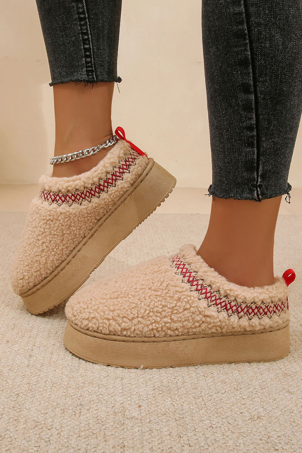 White Embroidered Sherpa Plush Thick Sole Winter Slippers